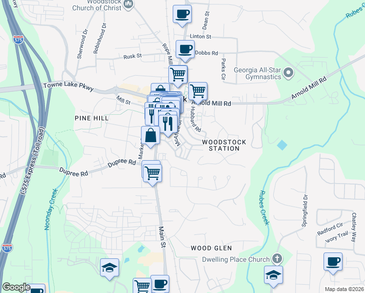 map of restaurants, bars, coffee shops, grocery stores, and more near 212 McAffee Street in Woodstock