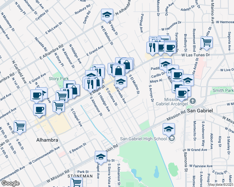 map of restaurants, bars, coffee shops, grocery stores, and more near 105 South Granada Avenue in Alhambra
