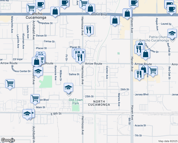 map of restaurants, bars, coffee shops, grocery stores, and more near 10151 Arrow Route in Rancho Cucamonga