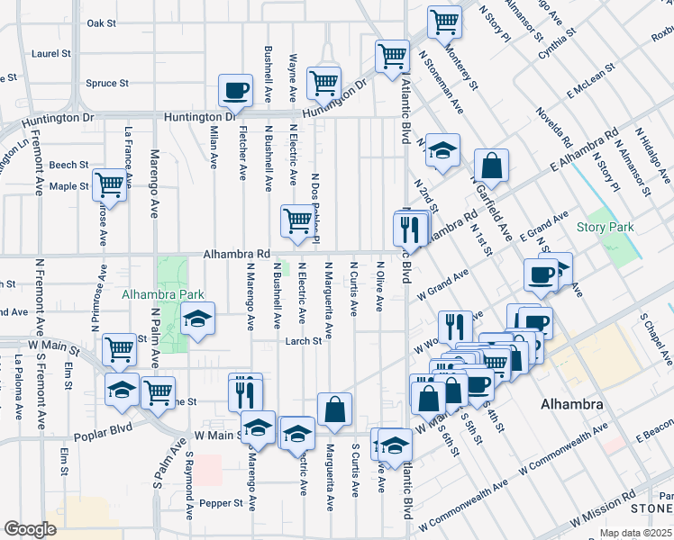 map of restaurants, bars, coffee shops, grocery stores, and more near 512 North Marguerita Avenue in Alhambra