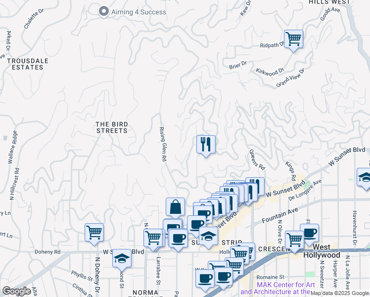 map of restaurants, bars, coffee shops, grocery stores, and more near 8896 Evanview Drive in Los Angeles