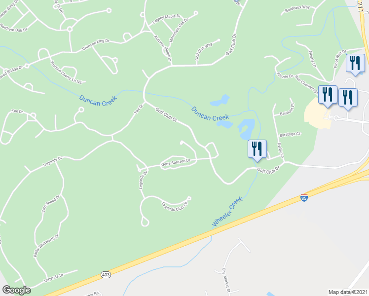 map of restaurants, bars, coffee shops, grocery stores, and more near 1940 Gene Sarazen Way in Braselton