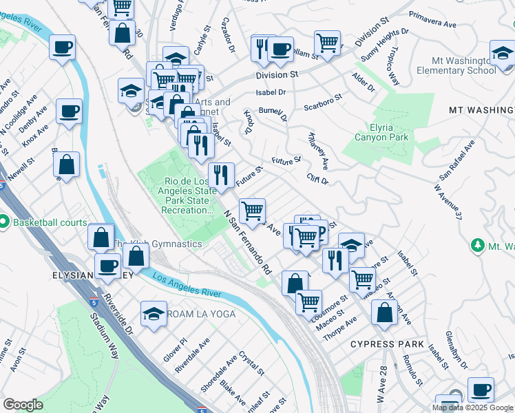 map of restaurants, bars, coffee shops, grocery stores, and more near 2909 Asbury Street in Los Angeles