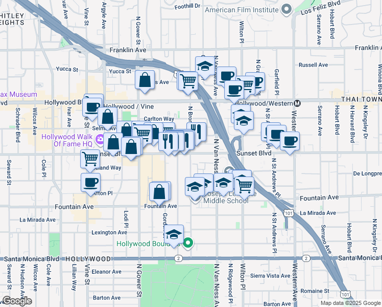 map of restaurants, bars, coffee shops, grocery stores, and more near Sunset Blvd & N Bronson Ave in Los Angeles