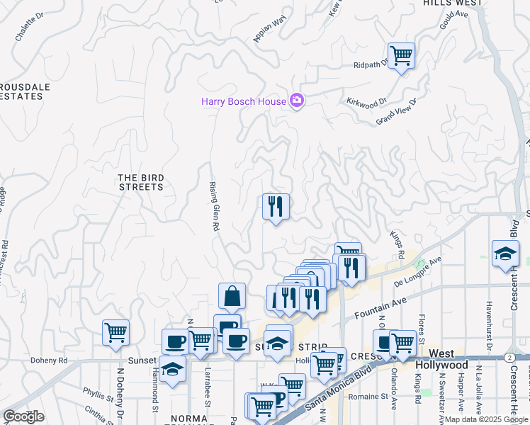 map of restaurants, bars, coffee shops, grocery stores, and more near 1514 Sunset Plaza Drive in Los Angeles