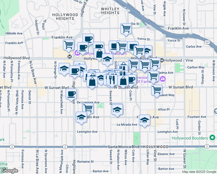 map of restaurants, bars, coffee shops, grocery stores, and more near 6611 Sunset Boulevard in Los Angeles