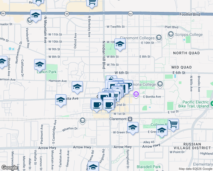 map of restaurants, bars, coffee shops, grocery stores, and more near 420 Harrison Avenue in Claremont