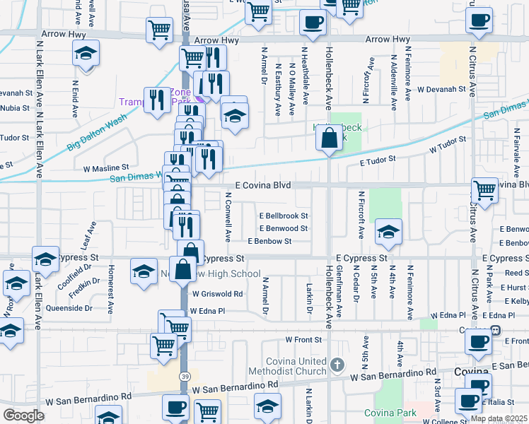 map of restaurants, bars, coffee shops, grocery stores, and more near 17711 East Bellbrook Street in Covina