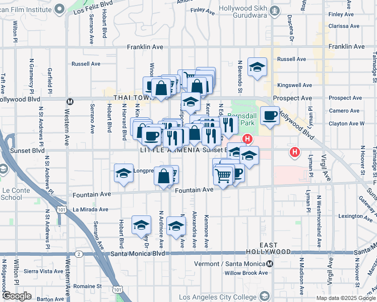 map of restaurants, bars, coffee shops, grocery stores, and more near 5012 Sunset Boulevard in Los Angeles