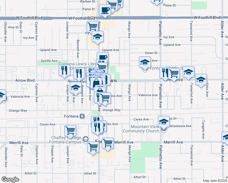 map of restaurants, bars, coffee shops, grocery stores, and more near 8566 Newport Avenue in Fontana