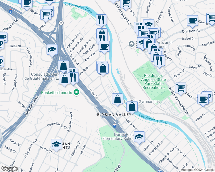 map of restaurants, bars, coffee shops, grocery stores, and more near 1839 Blake Avenue in Los Angeles