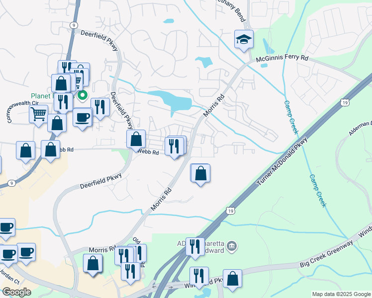 map of restaurants, bars, coffee shops, grocery stores, and more near 655 Greencrest Lane in Alpharetta