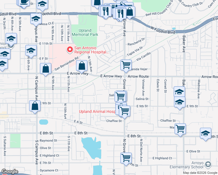 map of restaurants, bars, coffee shops, grocery stores, and more near 414 Meyer Place in Upland