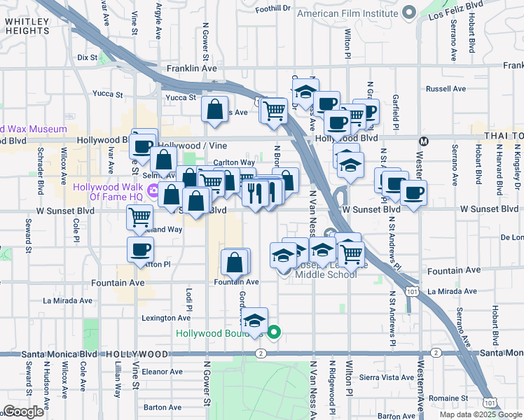 map of restaurants, bars, coffee shops, grocery stores, and more near 5931 Sunset Boulevard in Los Angeles