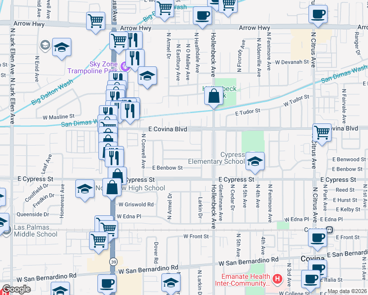 map of restaurants, bars, coffee shops, grocery stores, and more near 17805 East Bellbrook Street in Covina