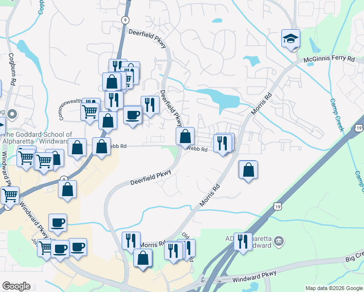 map of restaurants, bars, coffee shops, grocery stores, and more near 3301 Deerfield Parkway in Milton