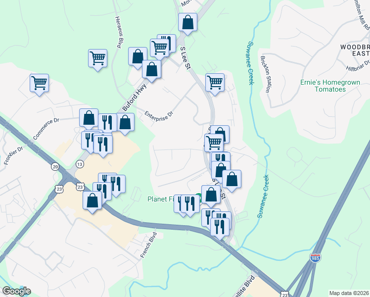 map of restaurants, bars, coffee shops, grocery stores, and more near 1816 Sturgeon Road in Buford