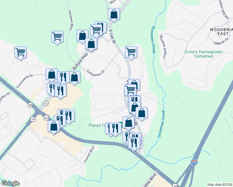 map of restaurants, bars, coffee shops, grocery stores, and more near 1816 Sturgeon Road in Buford