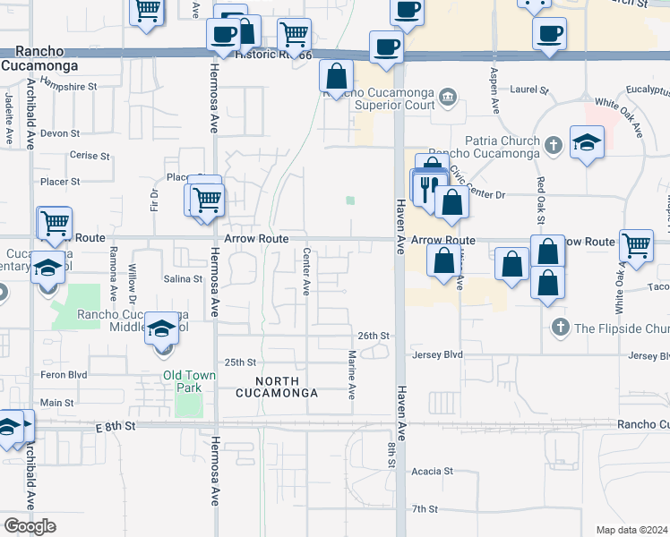 map of restaurants, bars, coffee shops, grocery stores, and more near 10352 Cooks Drive in Rancho Cucamonga