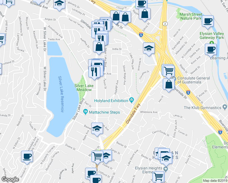 map of restaurants, bars, coffee shops, grocery stores, and more near 2305 Hidalgo Avenue in Los Angeles