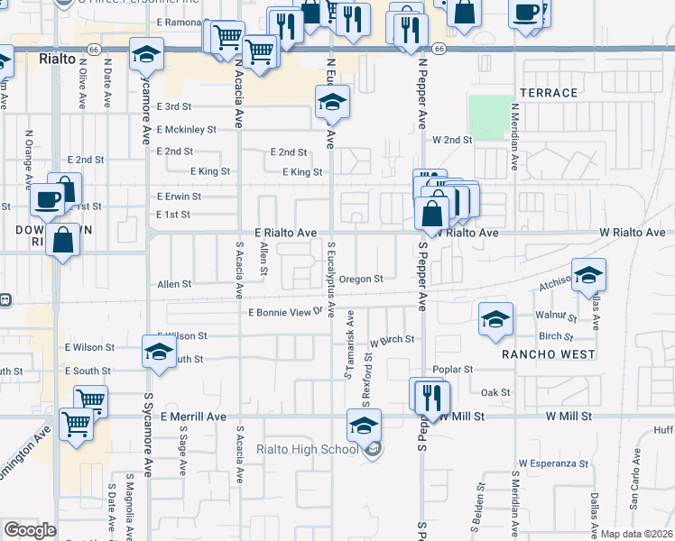 map of restaurants, bars, coffee shops, grocery stores, and more near 185 North Eucalyptus Avenue in Rialto
