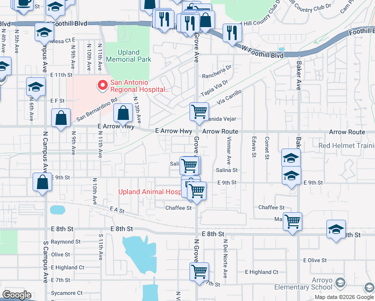 map of restaurants, bars, coffee shops, grocery stores, and more near 1437 Orange Grove Street in Upland