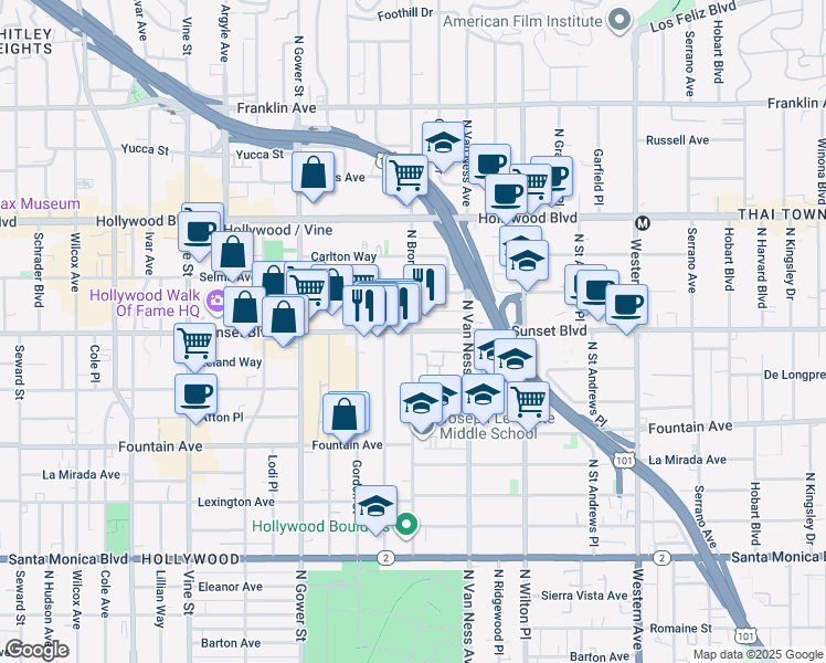 map of restaurants, bars, coffee shops, grocery stores, and more near 1500 North Bronson Avenue in Los Angeles