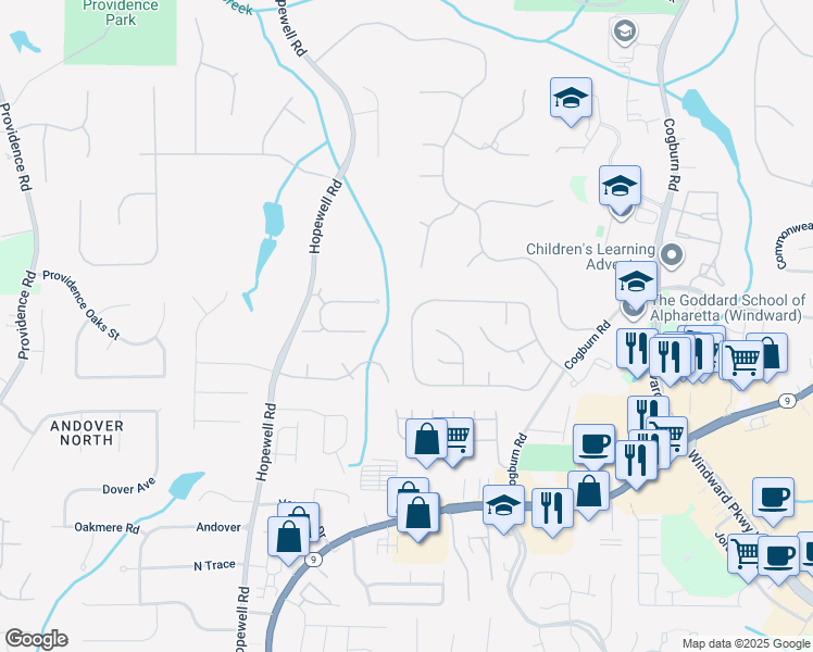 map of restaurants, bars, coffee shops, grocery stores, and more near 2420 Traywick Chase in Alpharetta