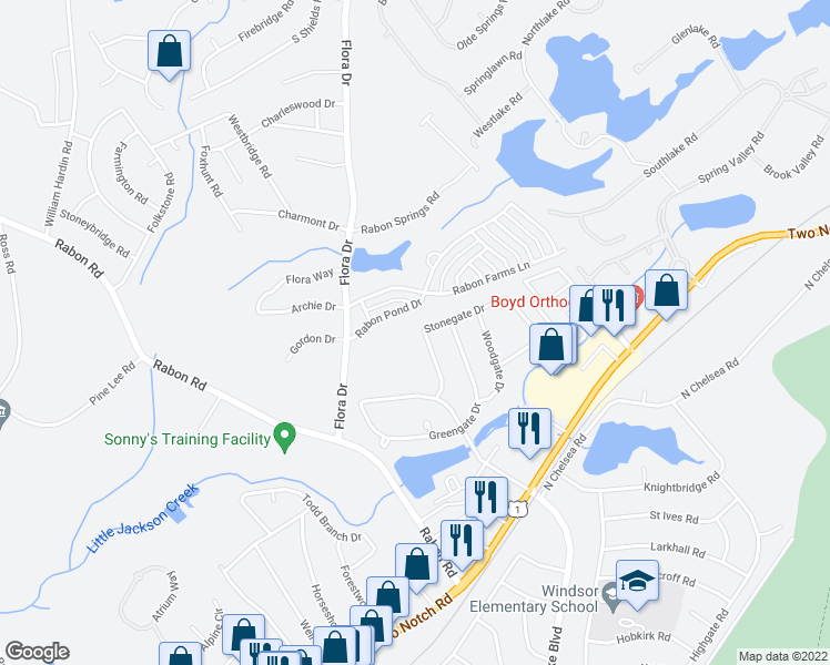 map of restaurants, bars, coffee shops, grocery stores, and more near 129 Stonegate Drive in Columbia