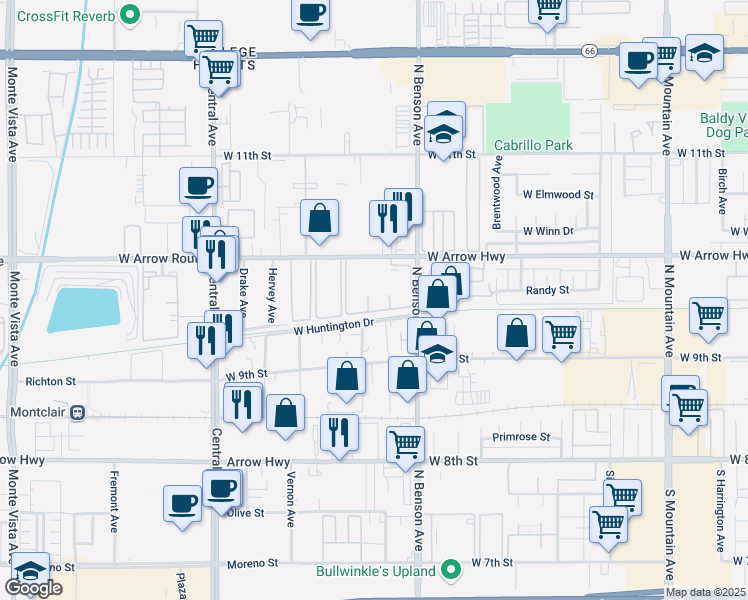 map of restaurants, bars, coffee shops, grocery stores, and more near 1682 West Arrow Route in Upland