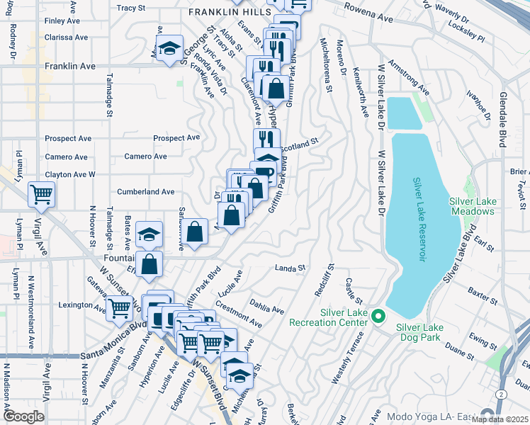 map of restaurants, bars, coffee shops, grocery stores, and more near 2023 Griffith Park Boulevard in Los Angeles