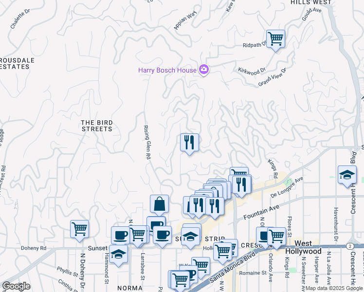 map of restaurants, bars, coffee shops, grocery stores, and more near 1514 Sunset Plaza Drive in Los Angeles