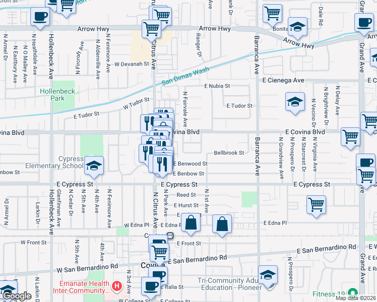 map of restaurants, bars, coffee shops, grocery stores, and more near 225 Bellbrook Street in Covina