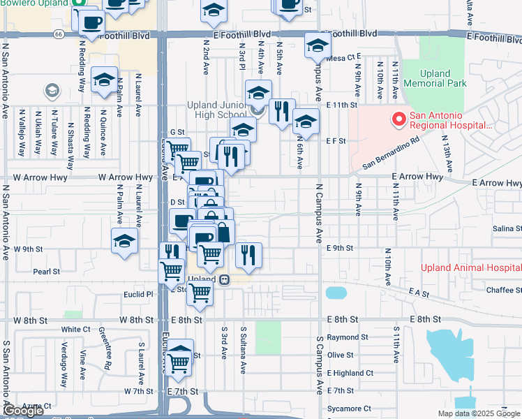 map of restaurants, bars, coffee shops, grocery stores, and more near 436 D Street in Upland