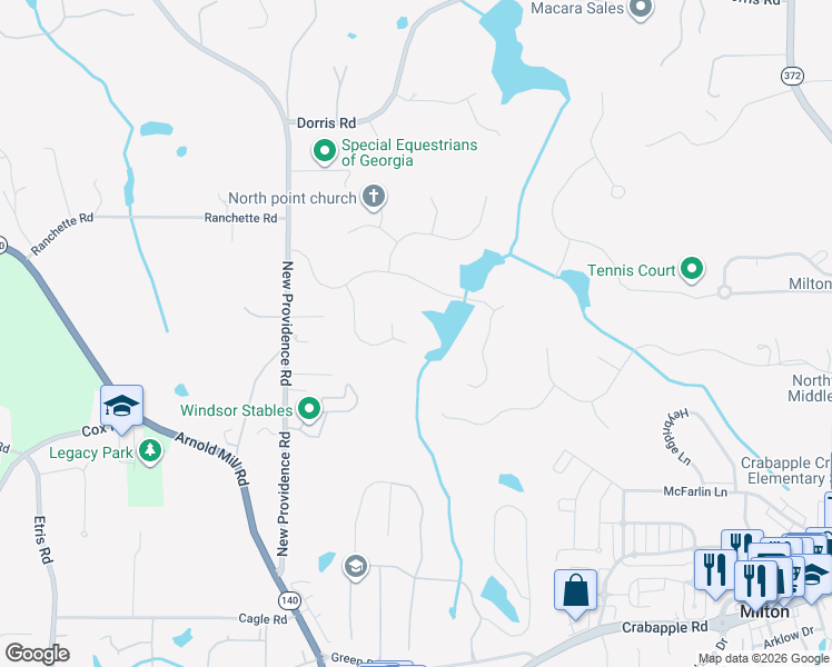 map of restaurants, bars, coffee shops, grocery stores, and more near 260 Trotter Run in Alpharetta