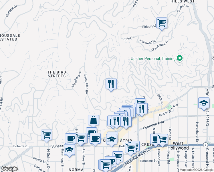 map of restaurants, bars, coffee shops, grocery stores, and more near 1514 Sunset Plaza Drive in Los Angeles