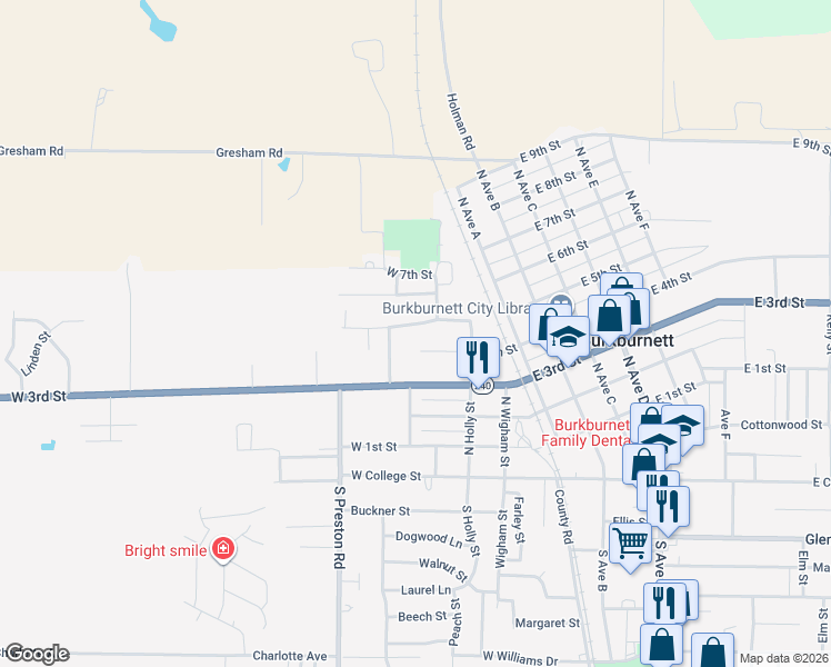 map of restaurants, bars, coffee shops, grocery stores, and more near 306 West 5th Street in Burkburnett