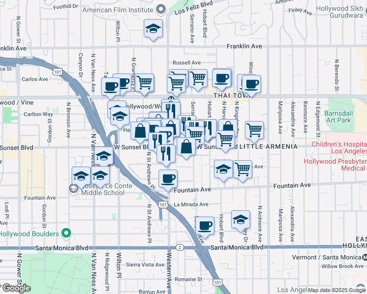 map of restaurants, bars, coffee shops, grocery stores, and more near 5408 Sunset Boulevard in Los Angeles