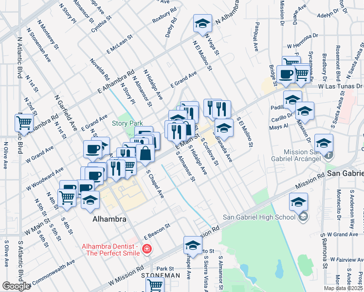 map of restaurants, bars, coffee shops, grocery stores, and more near 620 East Main Street in Alhambra