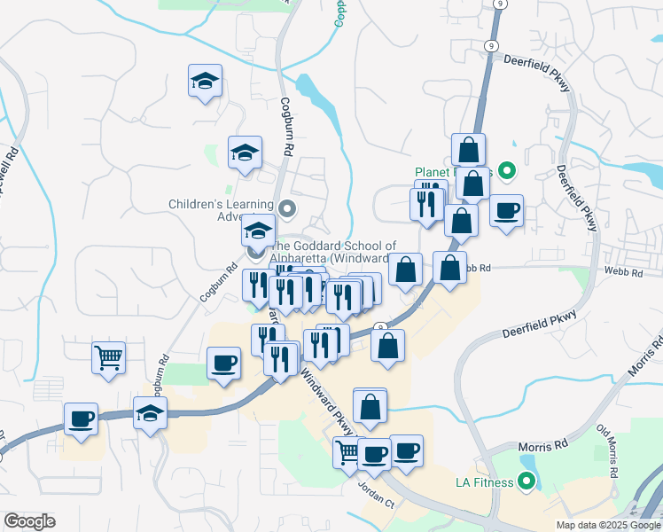 map of restaurants, bars, coffee shops, grocery stores, and more near 413 Burbank Alley in Milton
