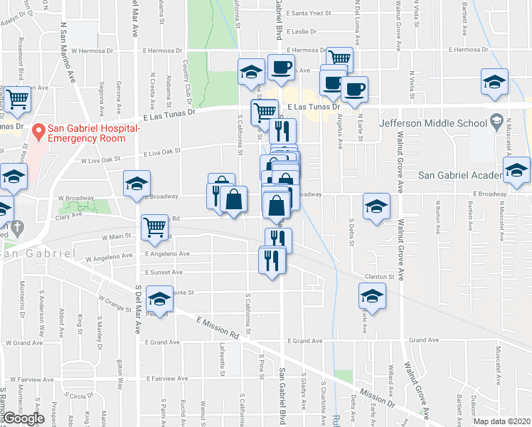 map of restaurants, bars, coffee shops, grocery stores, and more near 707 Agostino Road in San Gabriel