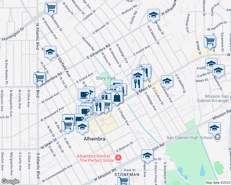 map of restaurants, bars, coffee shops, grocery stores, and more near 106 North Chapel Avenue in Alhambra