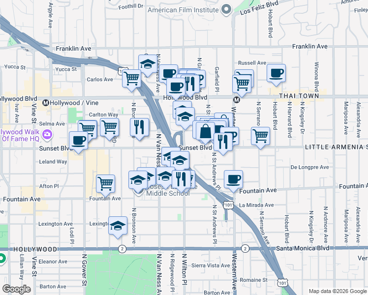 map of restaurants, bars, coffee shops, grocery stores, and more near Sunset Blvd & N Wilton Pl in Los Angeles