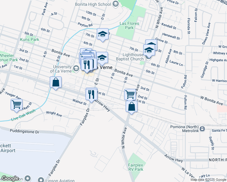 map of restaurants, bars, coffee shops, grocery stores, and more near 2330 2nd Street in La Verne