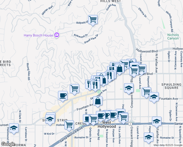 map of restaurants, bars, coffee shops, grocery stores, and more near 8411 Hollywood Boulevard in Los Angeles