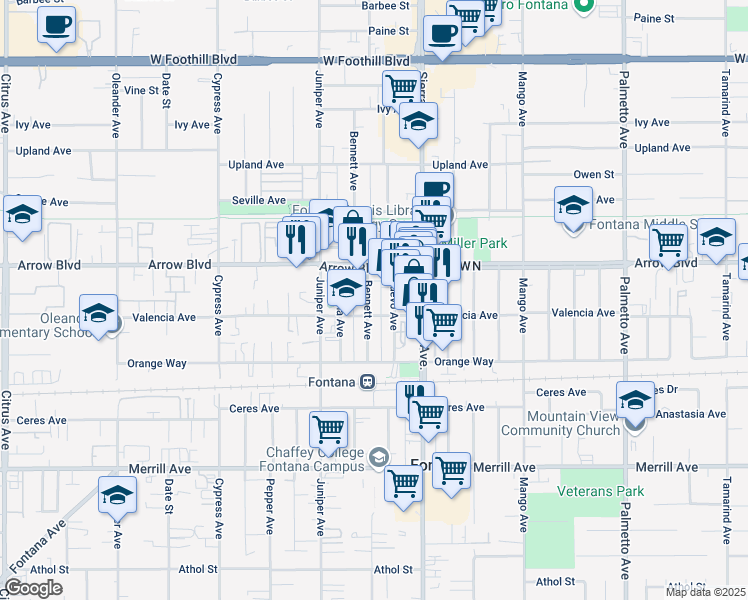 map of restaurants, bars, coffee shops, grocery stores, and more near 8565 Bennett Avenue in Fontana