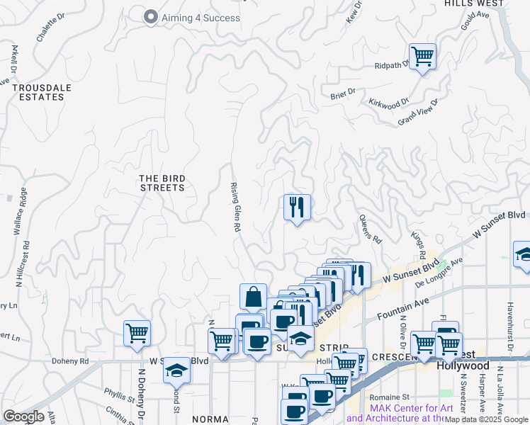 map of restaurants, bars, coffee shops, grocery stores, and more near 8896 Evanview Drive in Los Angeles