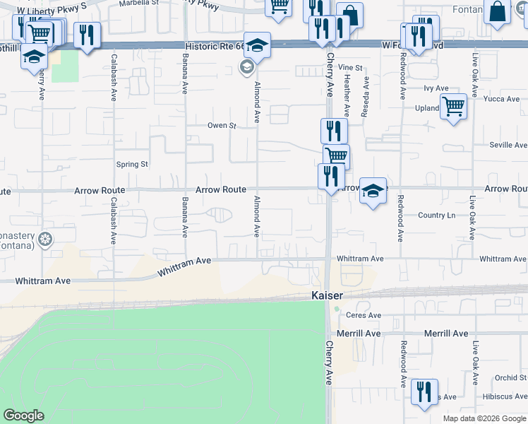map of restaurants, bars, coffee shops, grocery stores, and more near 8565 Almond Avenue in Fontana