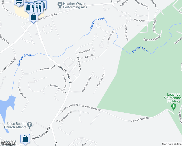 map of restaurants, bars, coffee shops, grocery stores, and more near 1925 Deer Creek Trail in Buford