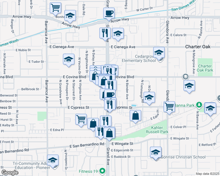 map of restaurants, bars, coffee shops, grocery stores, and more near 4720 North Grand Avenue in Covina
